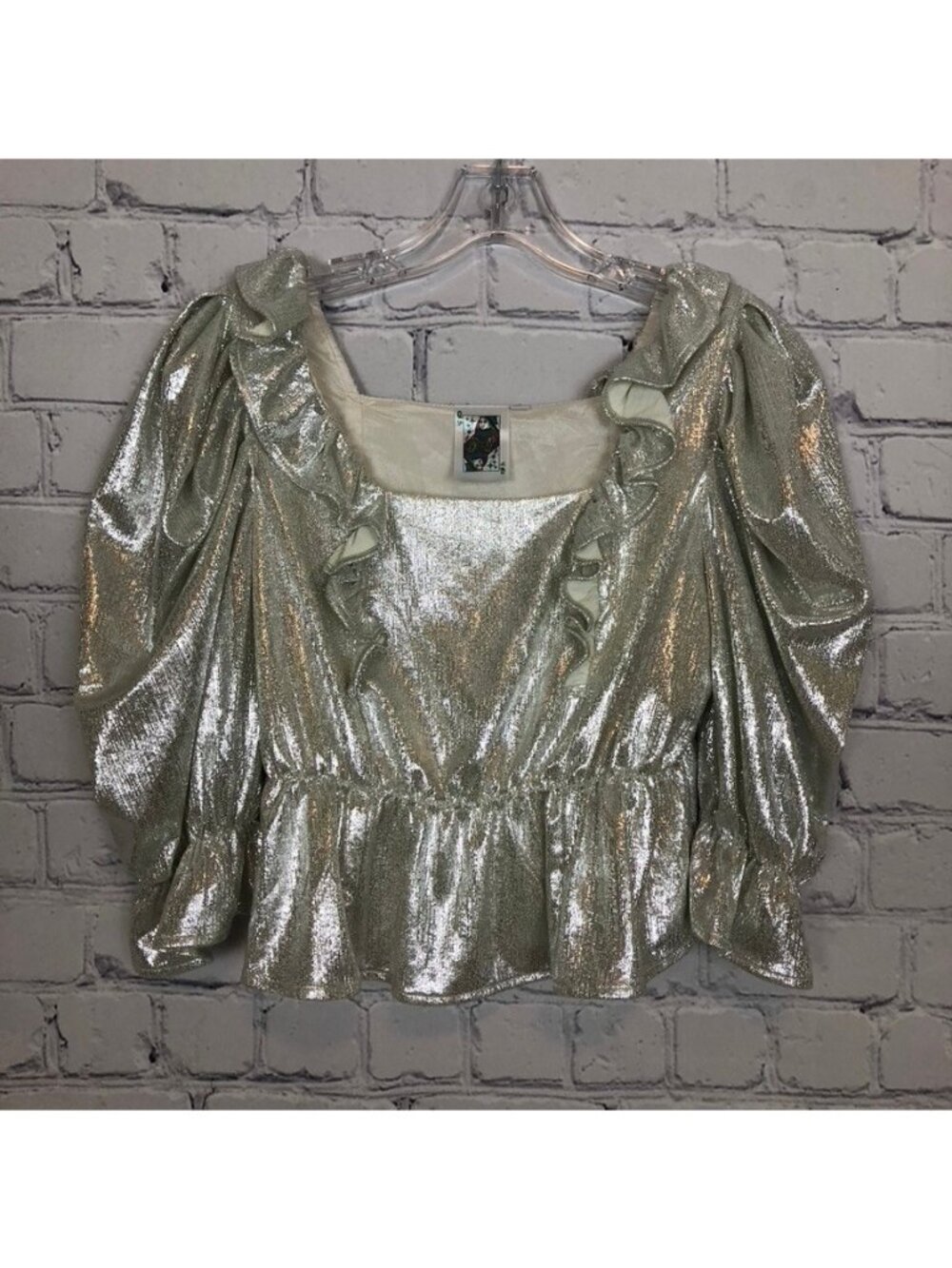 Queen Of Sparkles Silver Shimmer Ruffle Puff Sleeve Peplum Top Size S